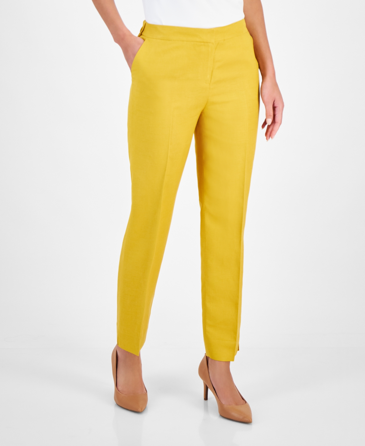 Shop Kasper Petite Linen-blend Mid Rise Straight-leg Zip-front Pants In Butterscotch
