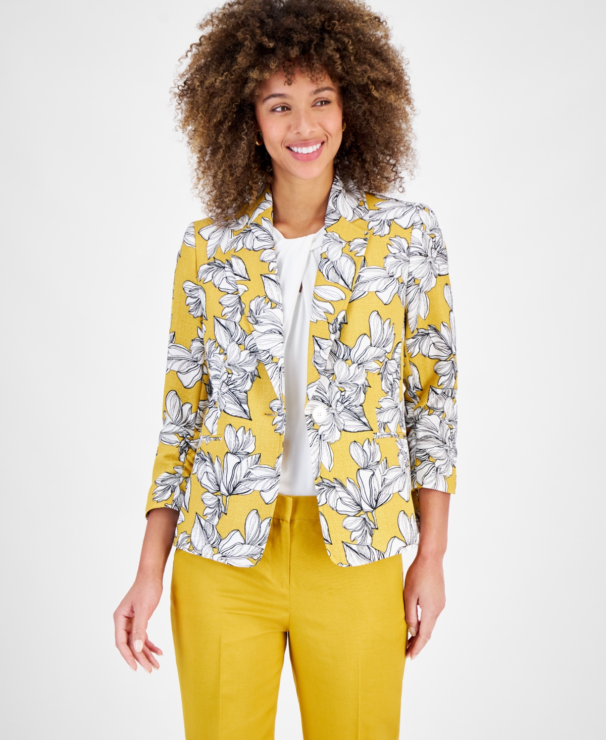 Women's Floral-Print 3/4-Sleeve Textured Jacket - Butterscotch
