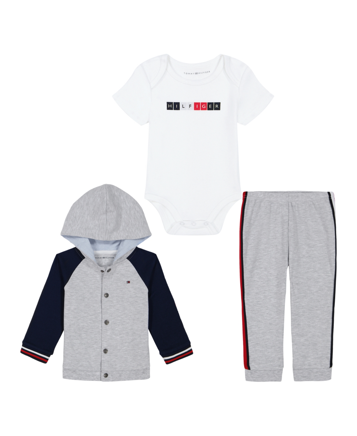 Tommy Hilfiger Baby Boys Short Sleeve Logo T-shirt, Color Block Snap-front Hoodie And Joggers, 3-pc Set In Gray,navy