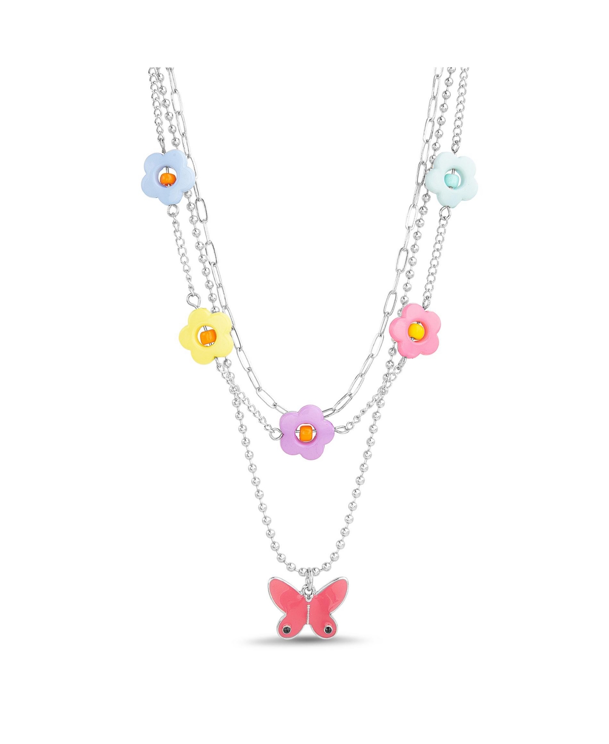 3 Piece Mixed Chain Necklace Set with Beaded Flowers and Butterfly Pendant - Multi