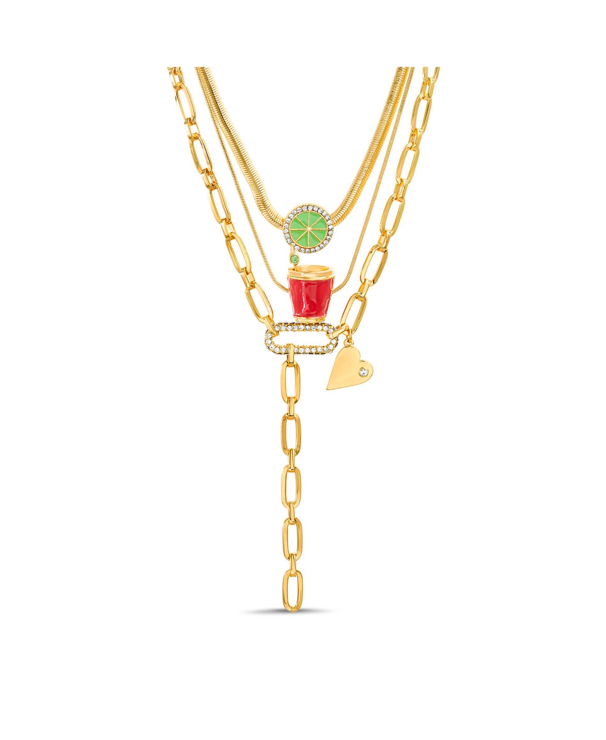 Multi 3 Piece Mixed Chain Necklace Set with Red Cup, Line and Heart Charm Pendants - Multi