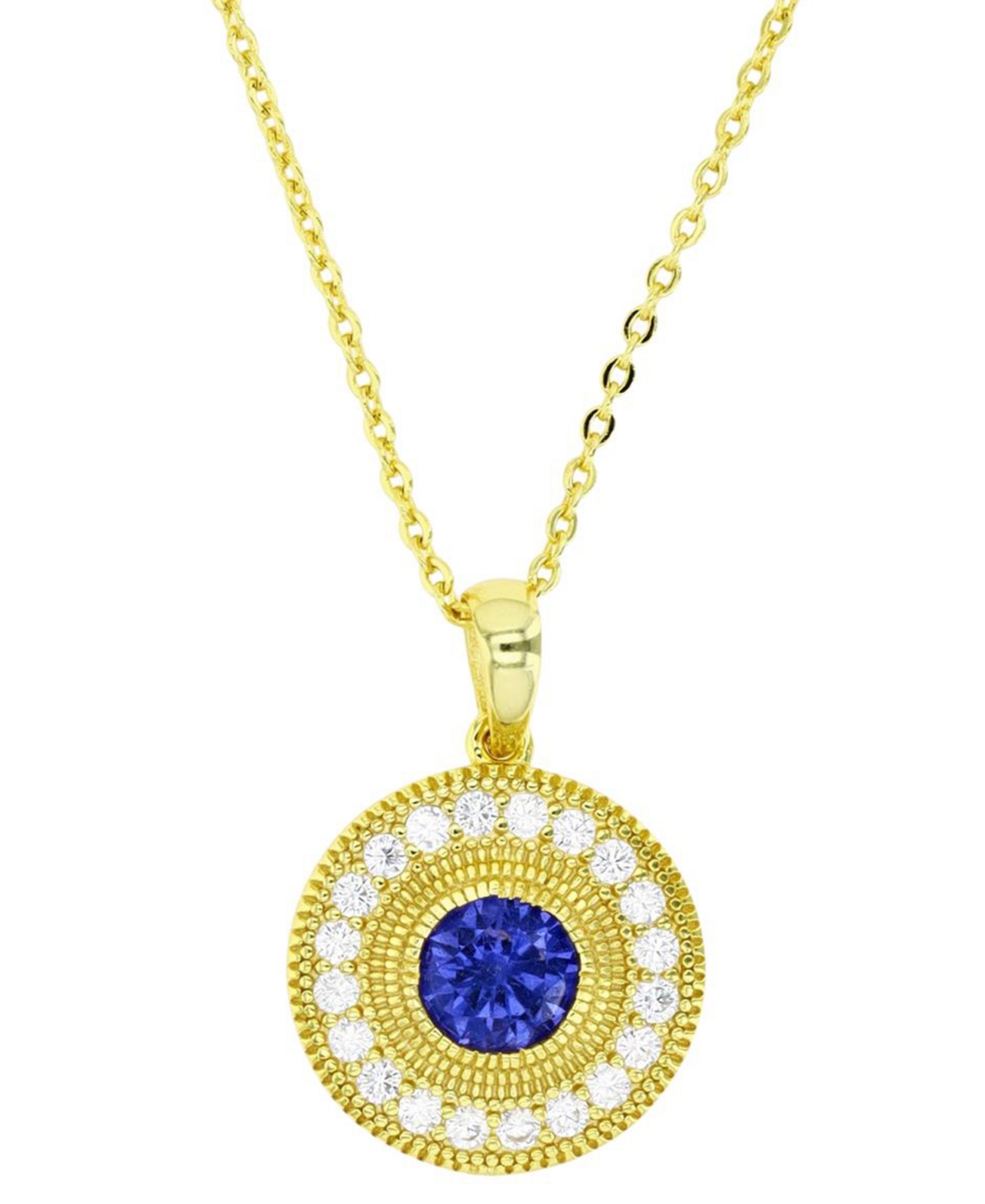 Shop Macy's Cubic Zirconia Halo Halo Bead Disc Pendant Necklace In 14k Gold-plated Sterling Silver, 18" + 2" Ext In Blue