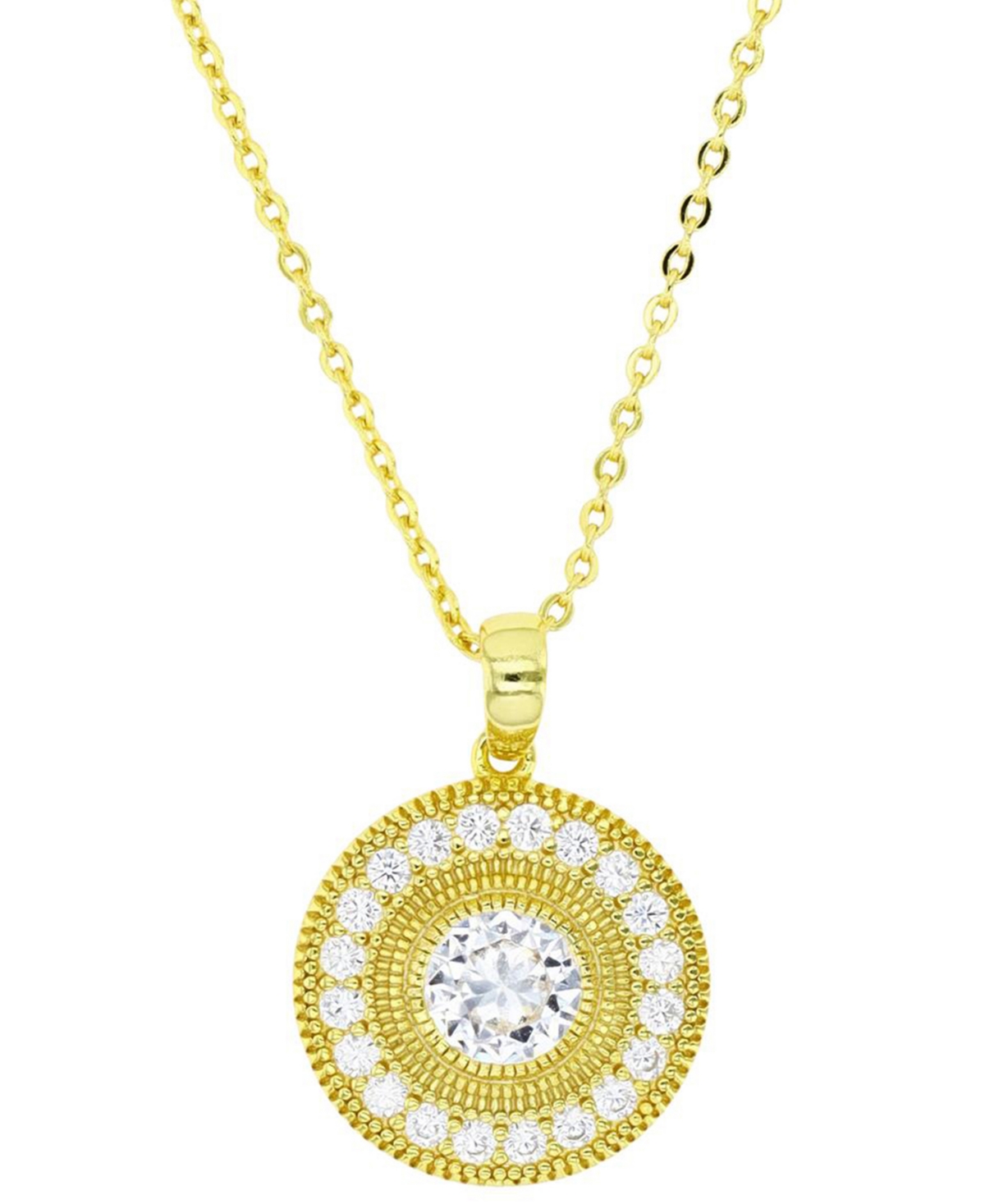Shop Macy's Cubic Zirconia Halo Halo Bead Disc Pendant Necklace In 14k Gold-plated Sterling Silver, 18" + 2" Ext In White