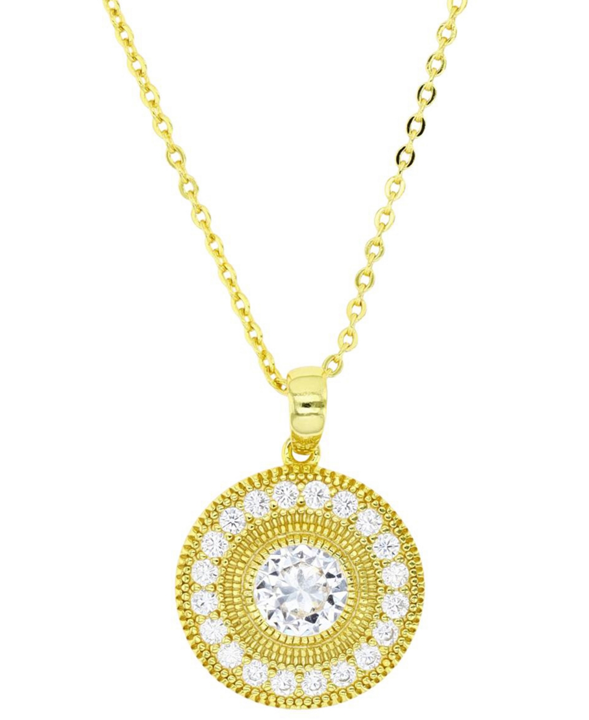 MACY'S CUBIC ZIRCONIA HALO HALO BEAD DISC PENDANT NECKLACE IN 14K GOLD-PLATED STERLING SILVER, 18" + 2" EXT 