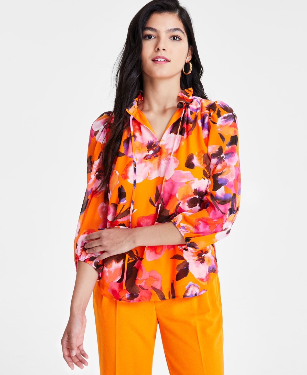 Women's Floral 3/4-Sleeve Top, Created for Macy's - Tangerine