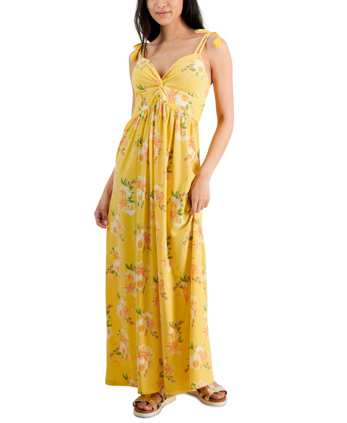 Jamie & Layla Petite Shoulder-tie Twist-front Maxi Dress In Yellow Green Small Floral
