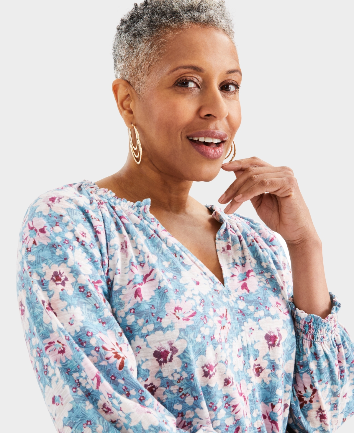 Style & Co Women's Printed Split Neck Ruffle Trim Long-Sleeve Knit Top, Created for Macy's