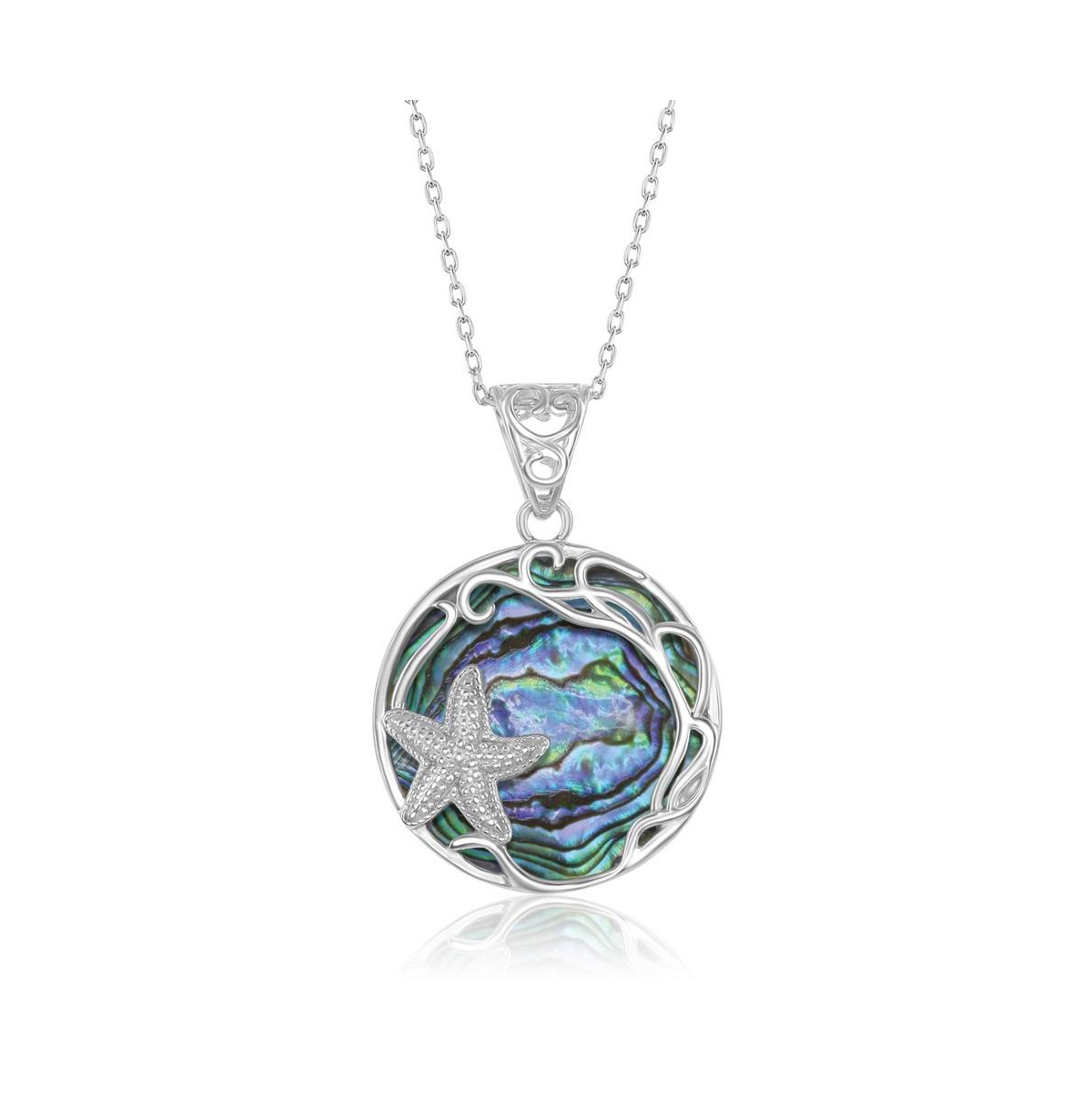 Sterling Silver Round Abalone with Starfish & Filigree Design Pendant Necklace - Silver