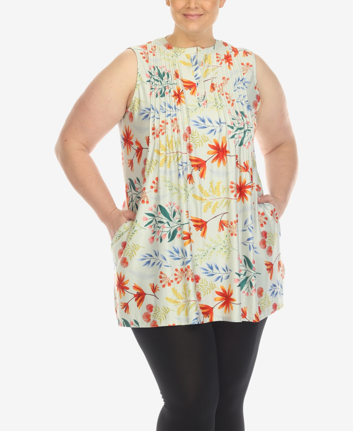 Shop White Mark Plus Size Floral Sleeveless Tunic Top In Sage