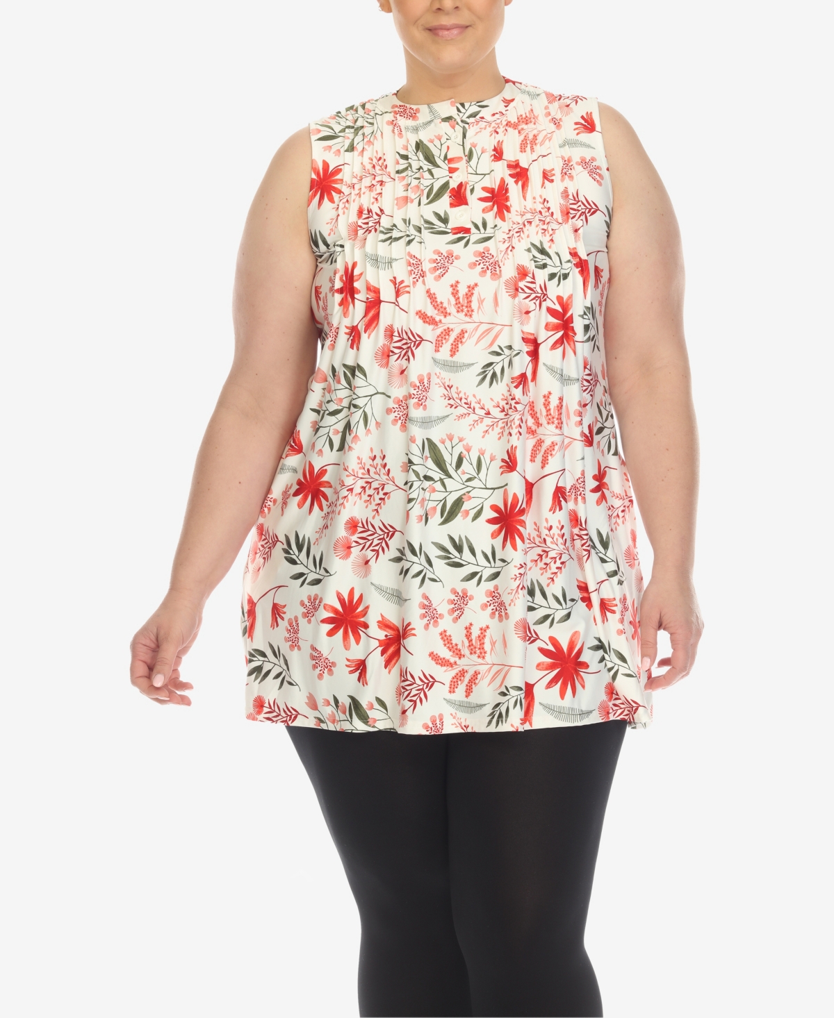 White Mark Women's Plus Size Floral Sleeveless Tunic Top In Red