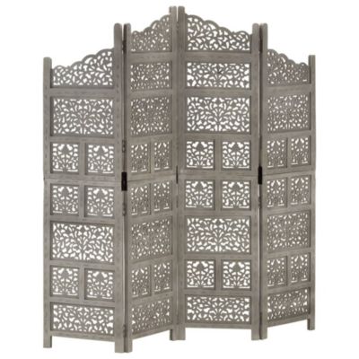 Hand carved 4-Panel Room Divider Gray 63"x65" Solid Mango Wood