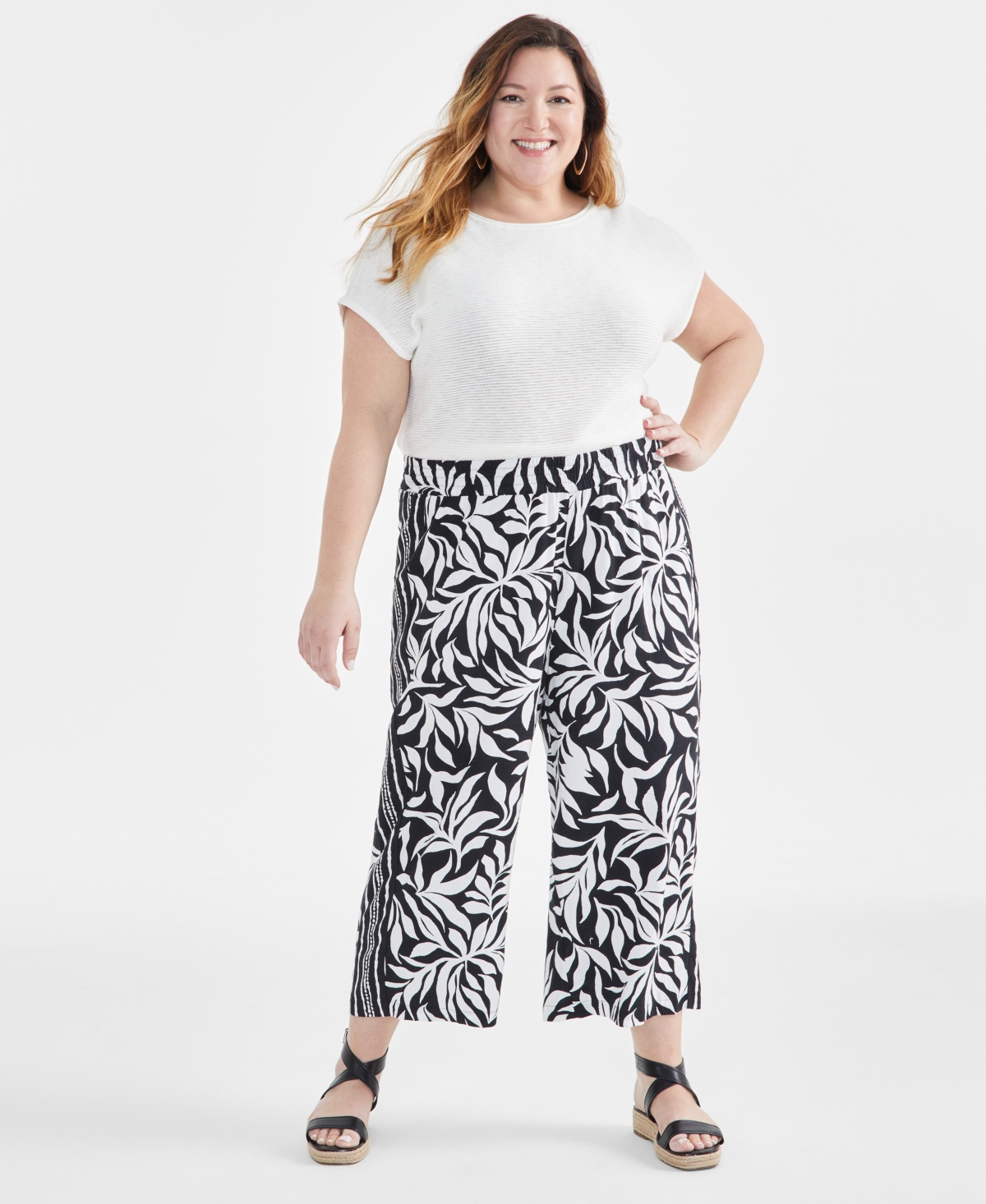 Plus Size LInen-Blend Printed Wide-Leg Cropped Pants, Created for Macy's - Deep Black