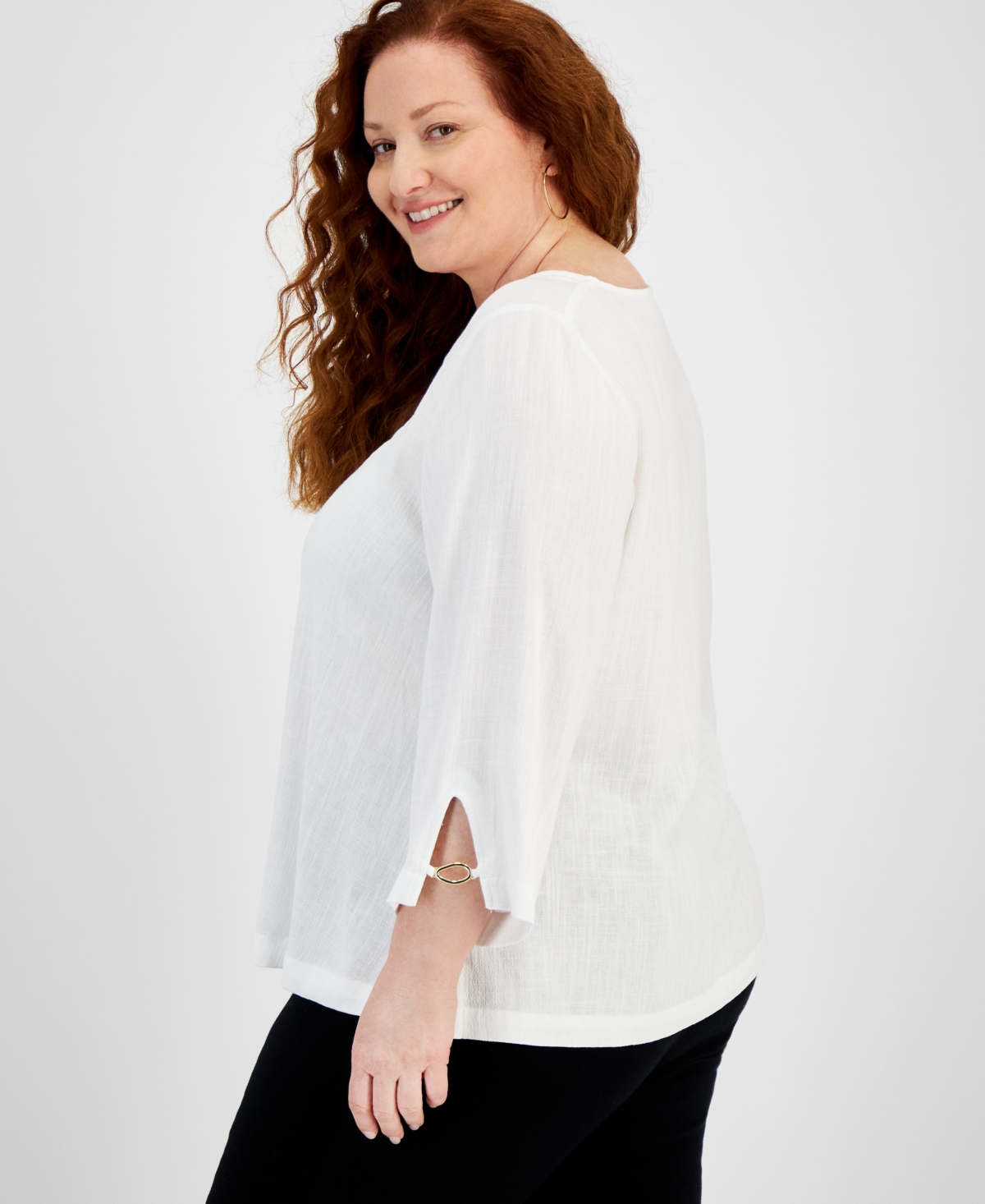 Jm Collection Plus Size 3/4-Sleeve Linen-Blend Top, Created for Macy's