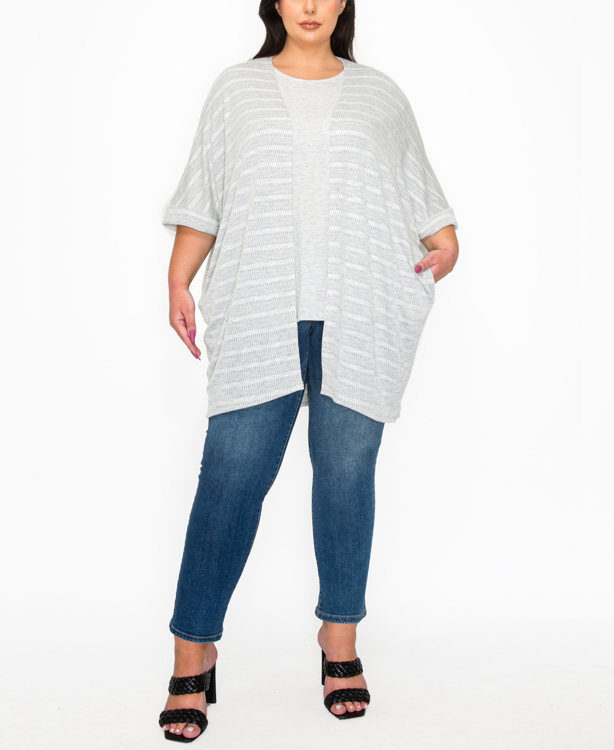 Coin 1804 Plus Size Textured Jacquard Stripe Rolled Sleeve Pocket Kimono Top