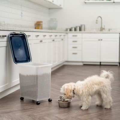 USA Airtight Dog Food Storage Container, Up to 30 lbs / 33 Qt, Attachable Casters, for Dog Cat Bird and other Pet Food Storage Bin, Keep Fresh, Easy Mobility, BPA Free, Navy/Pearl