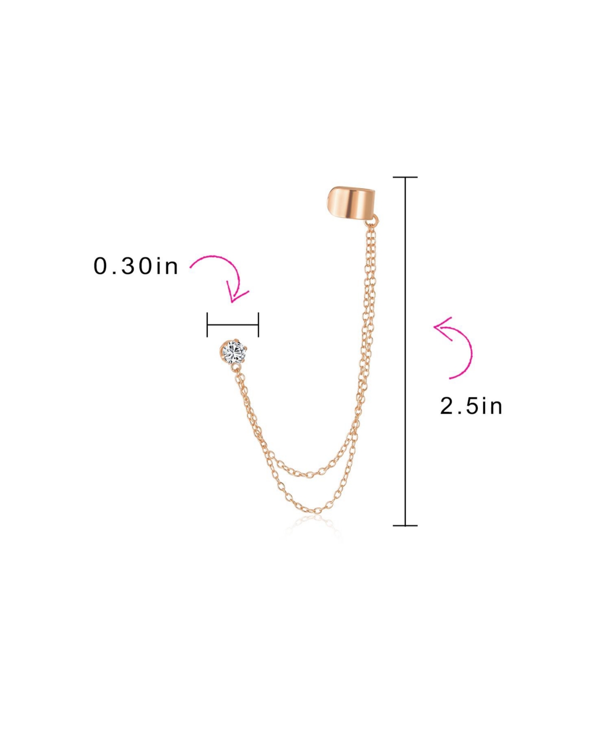 Bling Jewelry Geometric Cartilage Plain Band With Chain Ear Warp Cuff Cz Stud Ear Lobe Earring For WomenGold Plated Sterling Silver - Rose