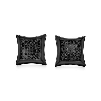 Black Square Shaped Cubic Zirconia Micro Pave CZ Kite Stud Earrings Black Plated .925 Sterling Silver