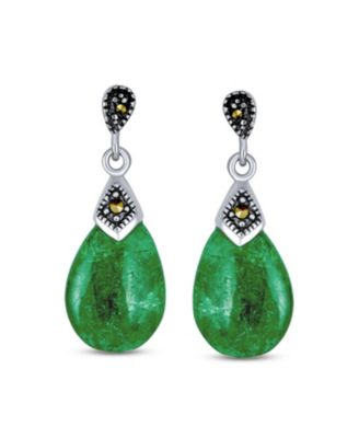 Bali Marcasite Accent Pear Shaped Chandelier Dangle Teardrop Green Natural Jade Drop Earrings Two Tone Oxidized Sterling Silver
