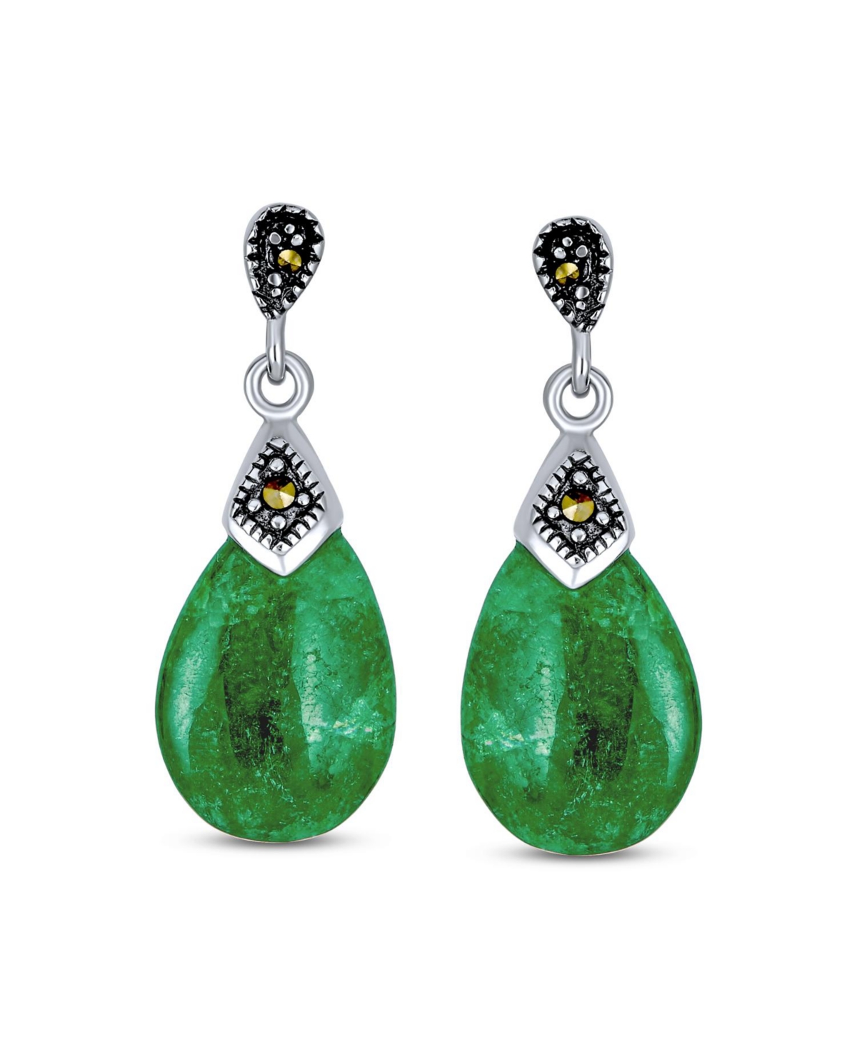 Bling Jewelry Bali Marcasite Accent Pear Shaped Chandelier Dangle Teardrop Green Natural Jade Drop Earrings For Women Two Tone Oxidized Sterling Silve
