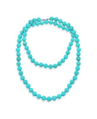 Classic Hand Knotted 10MM Round Ball Bead 36 Inch Long Strand Double Wrap Layer Blue Natural Turquoise Necklace Sterling Silver