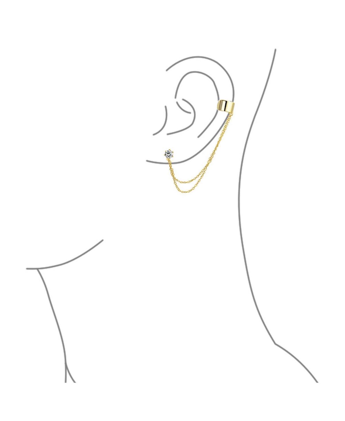 Bling Jewelry Geometric Cartilage Plain Band With Chain Ear Warp Cuff Cz Stud Ear Lobe Earring For Women Yellow Gold Plated Sterling Silver - Gold-ton