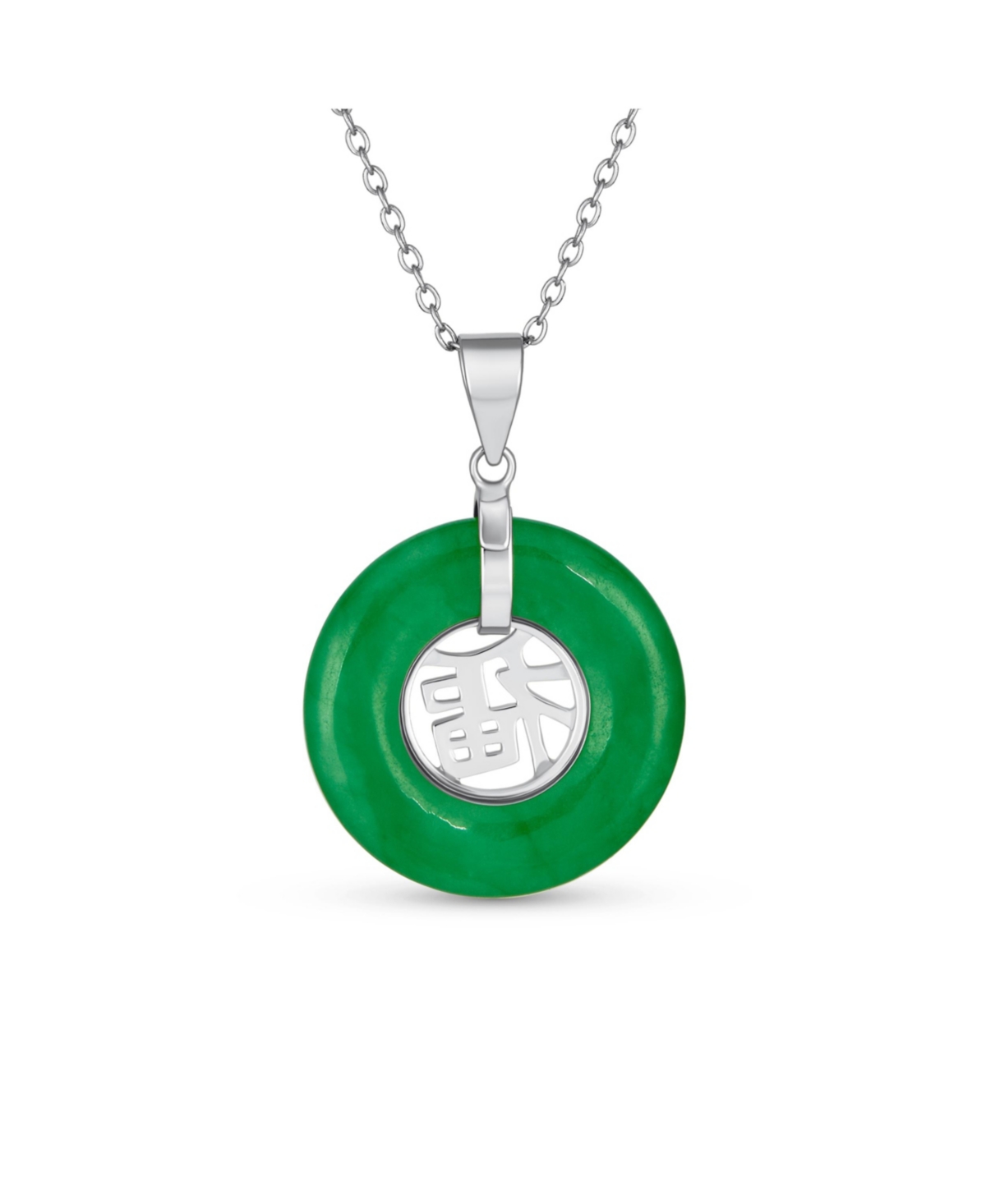 Bling Jewelry Circle Disc Round Donut Good Fortune Fu Character Chinese Symbol Dyed Green Natural Jade Disc Pendant Necklace For Women Sterling