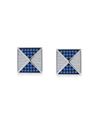 Black Royal Blue CZ Stud Earrings, Geometric Pyramid Square, Sterling Silver 11MM