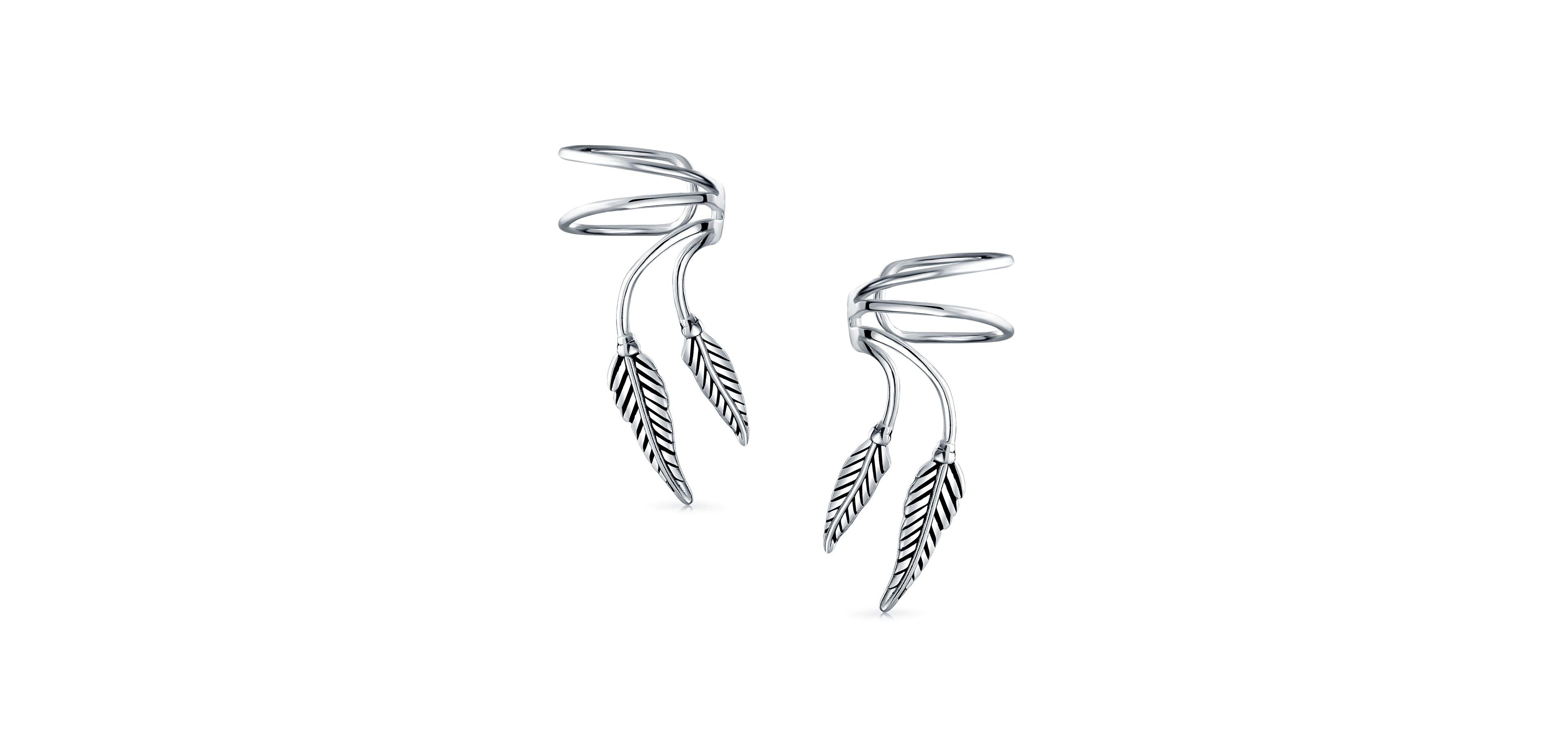 Bling Jewelry Double Leaf Feather Cartilage Ear Cuffs Clip Wrap Wire Earrings Helix Non Pierced Ear Oxidized Sterling Silver