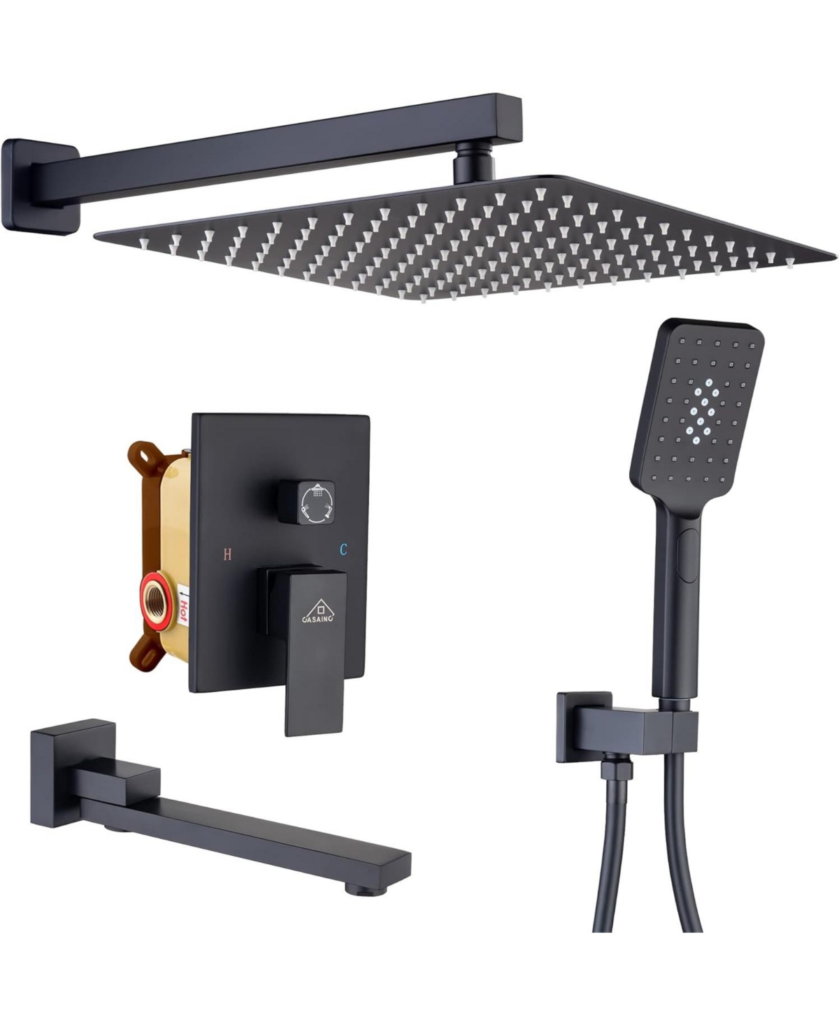 12" Inch Wall Mounted Square Shower System Set with Handheld Spray & Tub Spout - Black