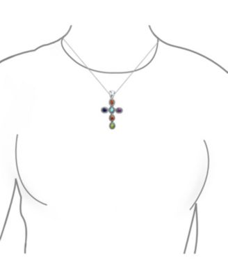 South Western Style Multi Color Stones Bezel Set Cross Pendant Necklace Sterling Silver