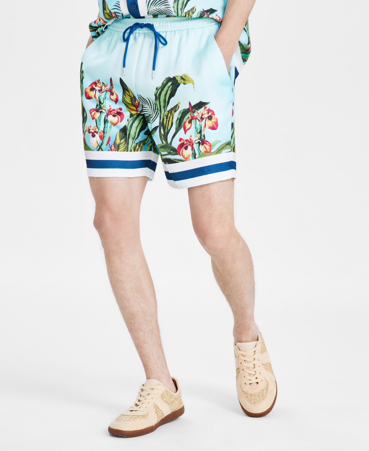 Men's Thom Regular-Fit Tropical-Print 7" Drawstring Shorts, Created for Macy's - Sunlit Aqua
