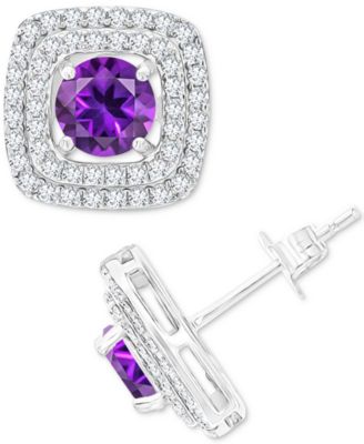 Gemstone & Lab-Grown White Sapphire (5/8 ct. t.w.) Square Halo Birthstone Stud Earrings in Sterling Silver