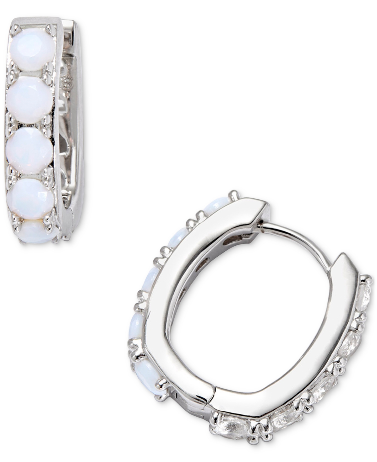 Small Mixed Stone Huggie Hoop Earrings, 0.65" - White Opalite Mix/ Silver