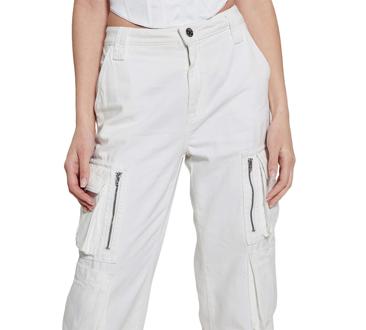 Shop Guess Women's Kori High Rise Wide Leg Cotton Cargo Jeans In Cloud White