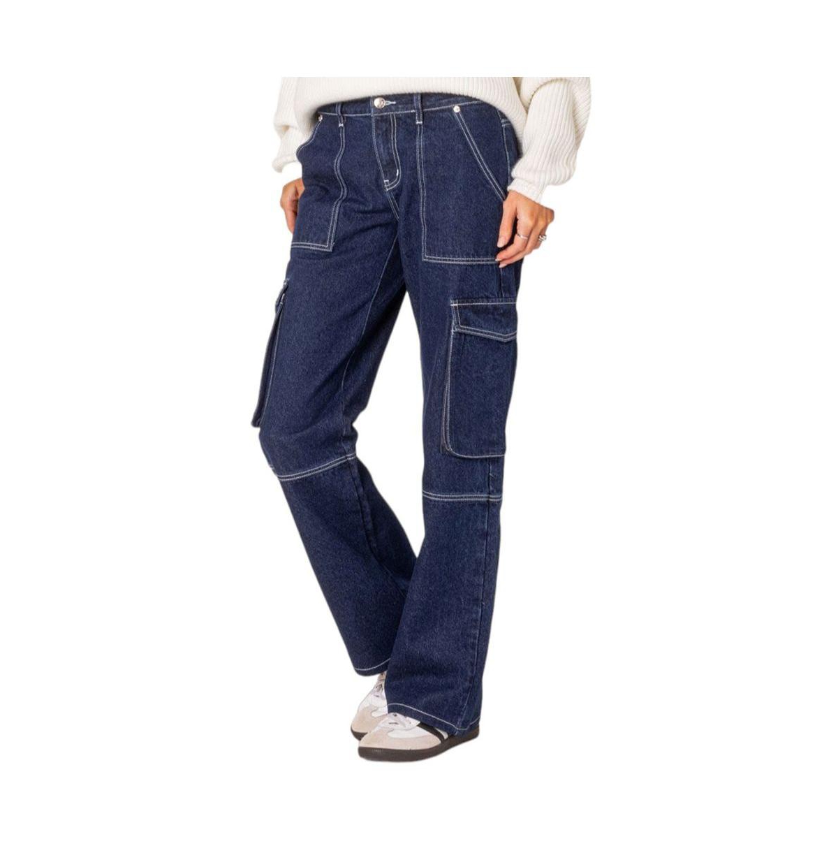 Edikted Alyssa Contrast Stitch Wide Leg Cargo Jeans In Blue