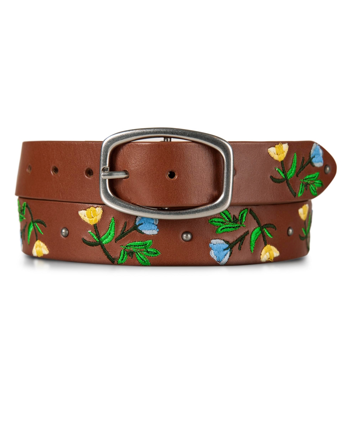 Embroidered Floral Leather Belt - Tan