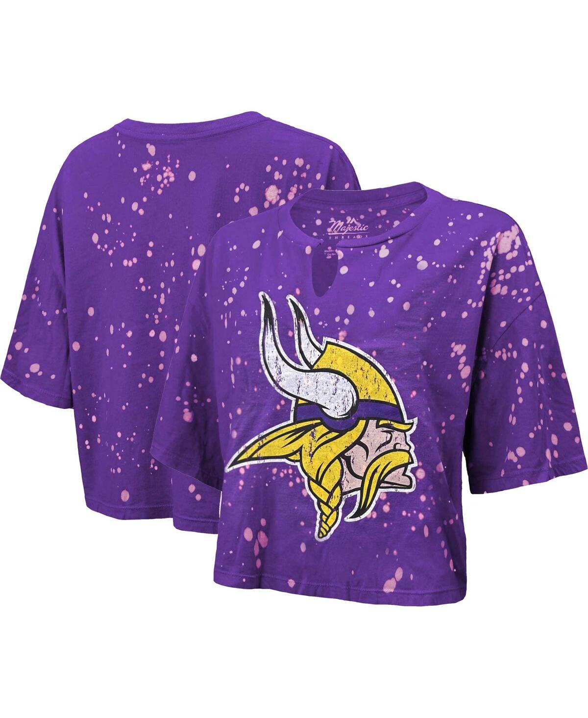 Women's Majestic Threads Purple Distressed Minnesota Vikings Bleach Splatter Notch Neck Crop T-shirt - Purple