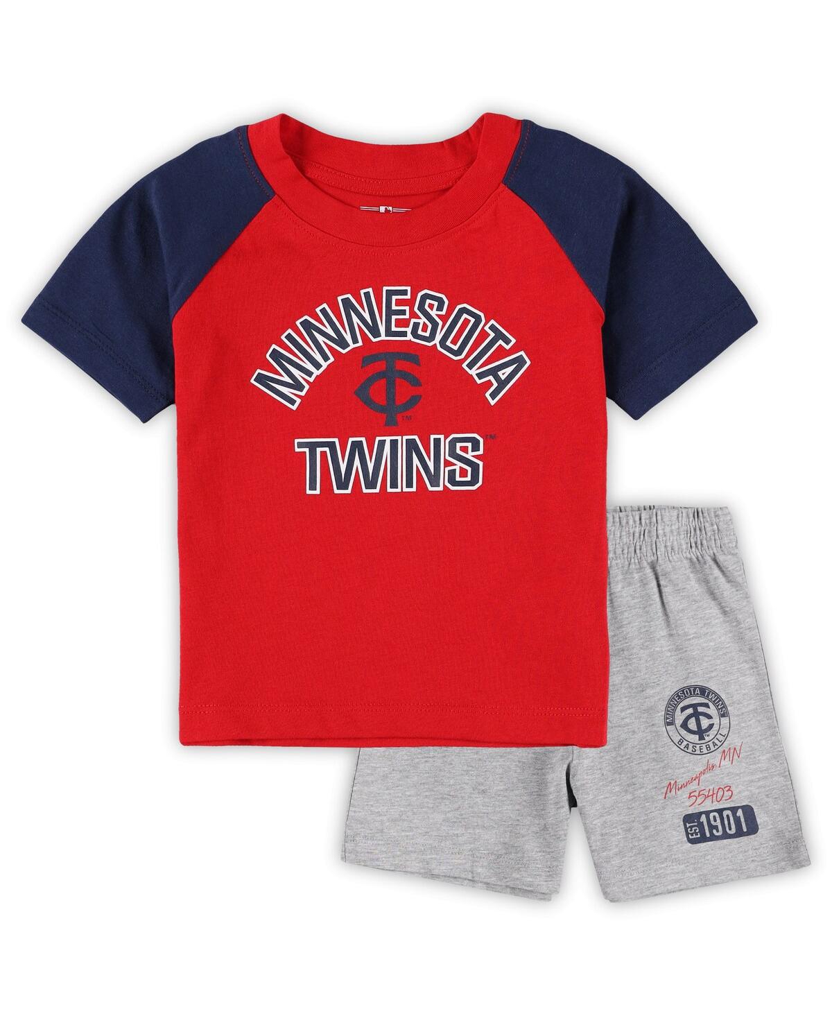 Shop Outerstuff Baby Boys And Girls Red, Heather Gray Minnesota Twins Ground Out Baller Raglan T-shirt And Shorts Se In Red,heather Gray