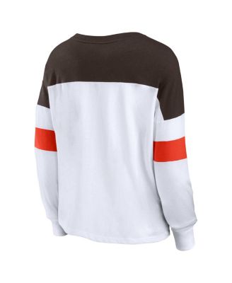 Women's White, Brown Cleveland Browns Plus Size Even Match Lace-Up Long Sleeve V-Neck Top