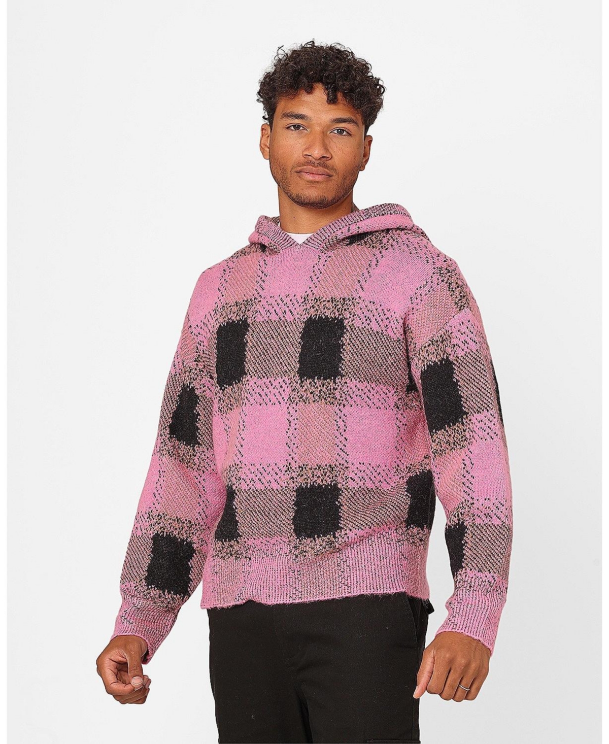 Men's Dalas Plaid Sweater Hoodie - Pink/black