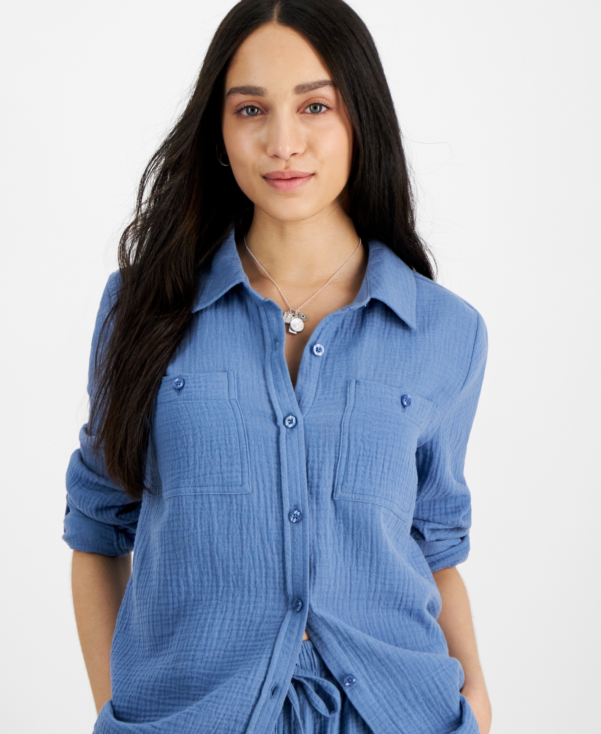 Shop Calvin Klein Jeans Est.1978 Petite Cotton Button-front Roll-sleeve Shirt In Stormy Blue