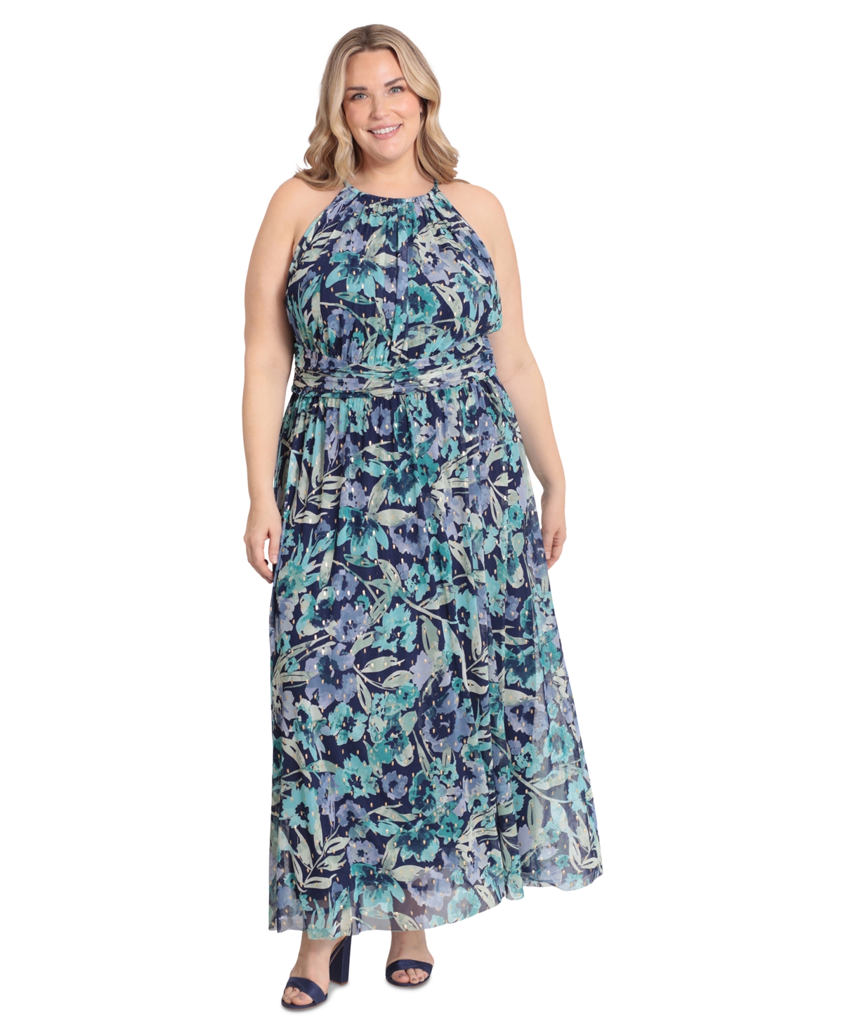 London Times Plus Size Halter Ruched-waist Maxi Dress In Navy Mint