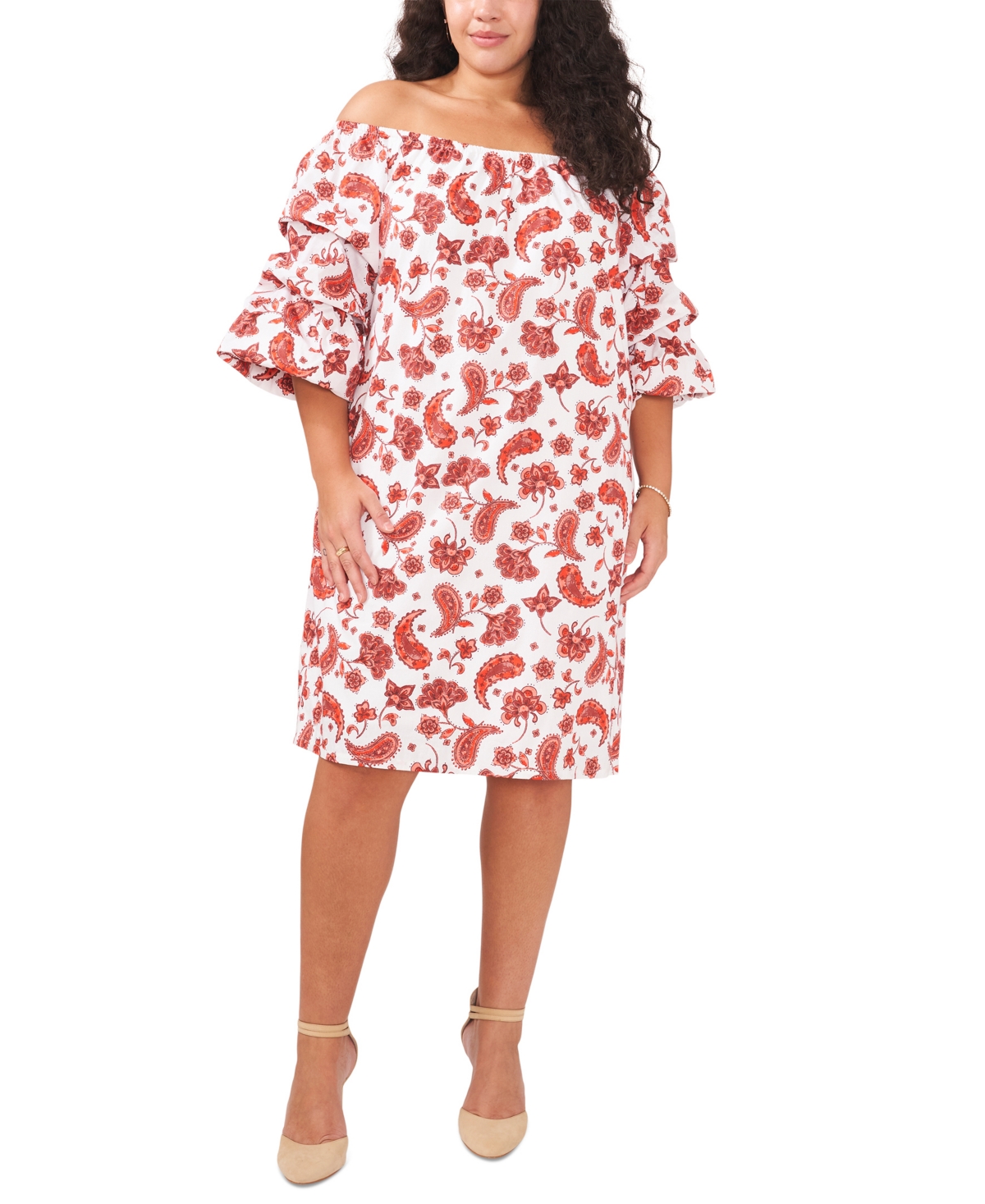 Plus Size Printed Off-The-Shoulder Dress - White/red
