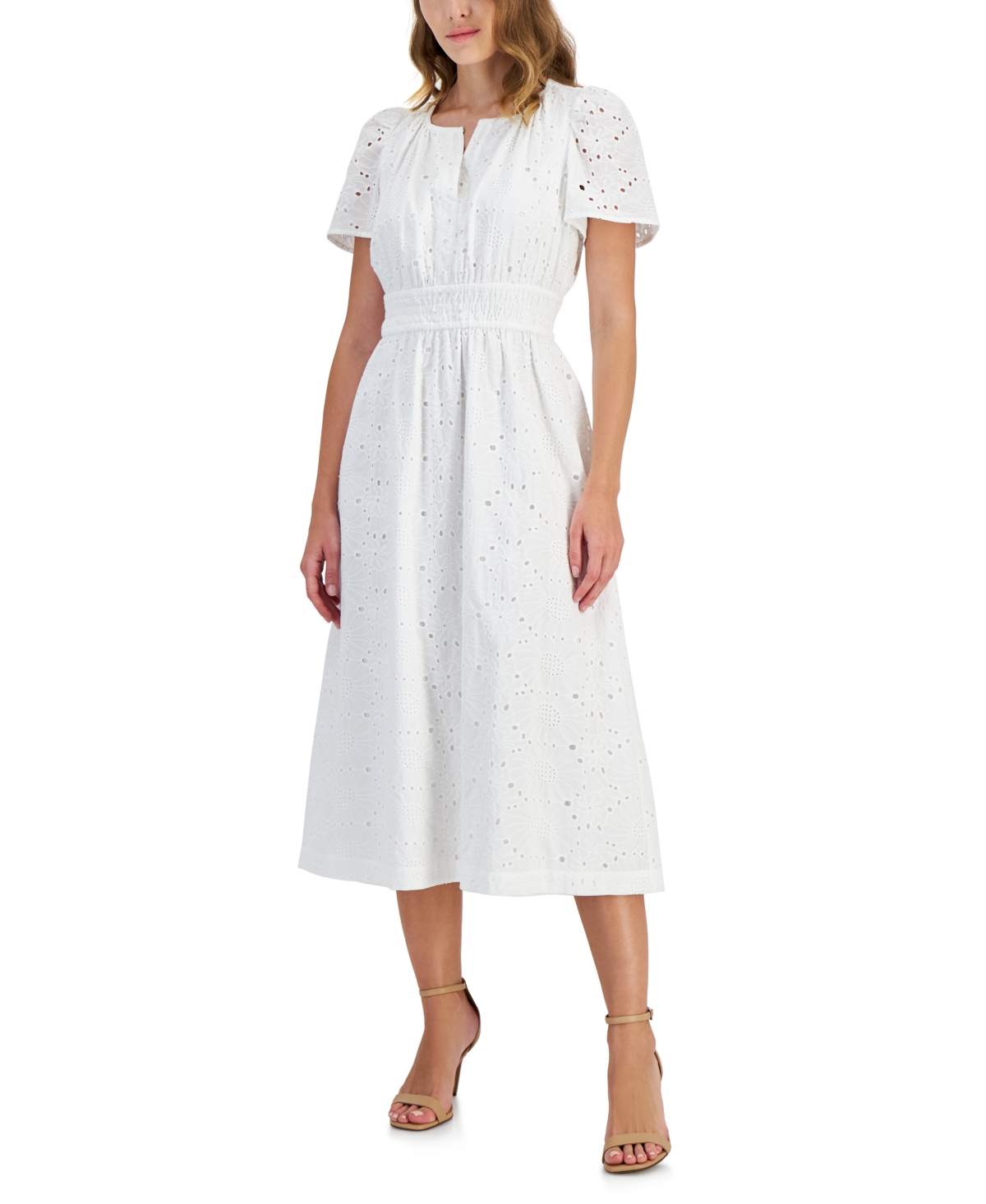 Women's Cotton Embroidered Eyelet Midi Dress - Pearl Whit