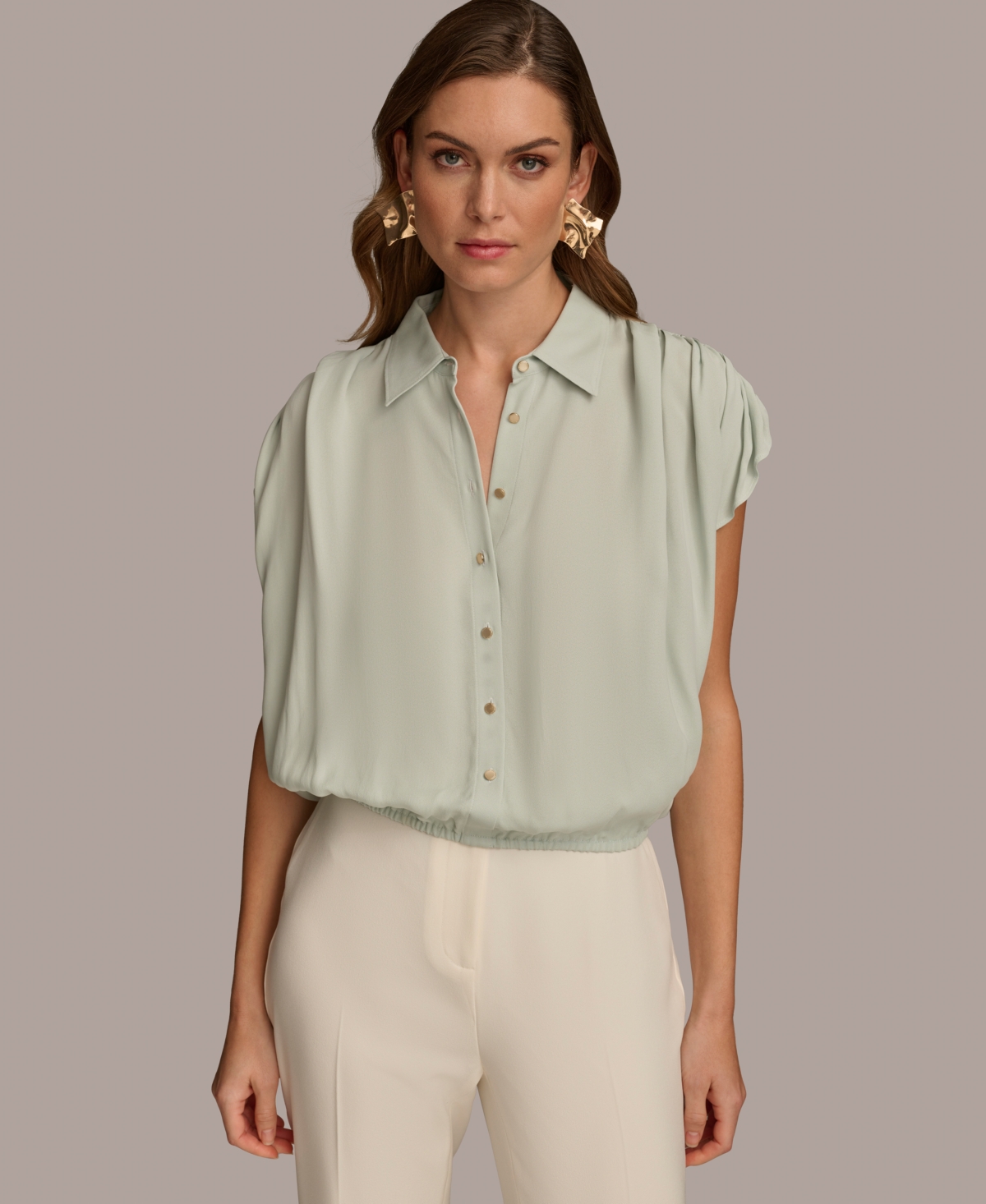 Shop Donna Karan Women's Ruched-shoulder Short-sleeve Blouse In Frost Blue
