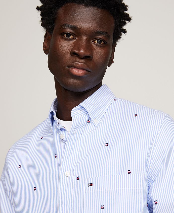Tommy Hilfiger Men's Fil Coupe Short Sleeve Striped Logo Button-Down ...