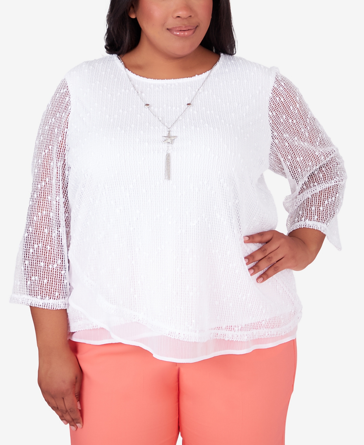 Shop Alfred Dunner Plus Size Neptune Beach Popcorn Mesh Top With Necklace In White