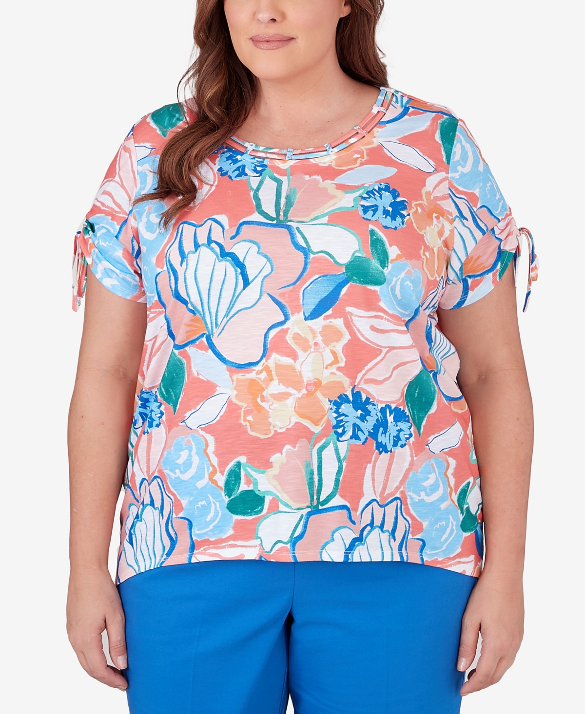Shop Alfred Dunner Plus Size Neptune Beach Whimsical Floral Top With Side Ties In Coral
