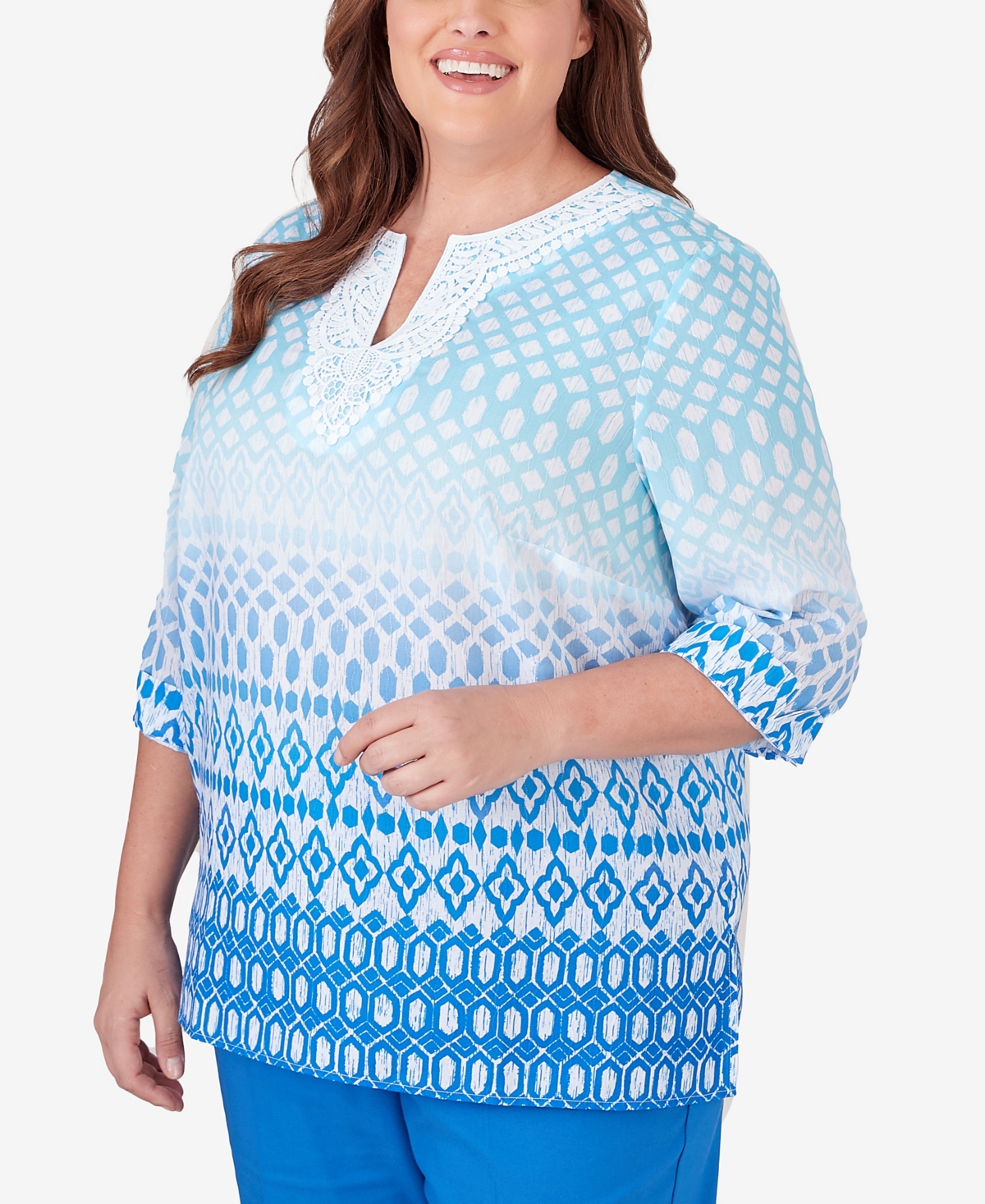 Alfred Dunner Plus Size Neptune Beach Ombre Diamond Print Tunic Top
