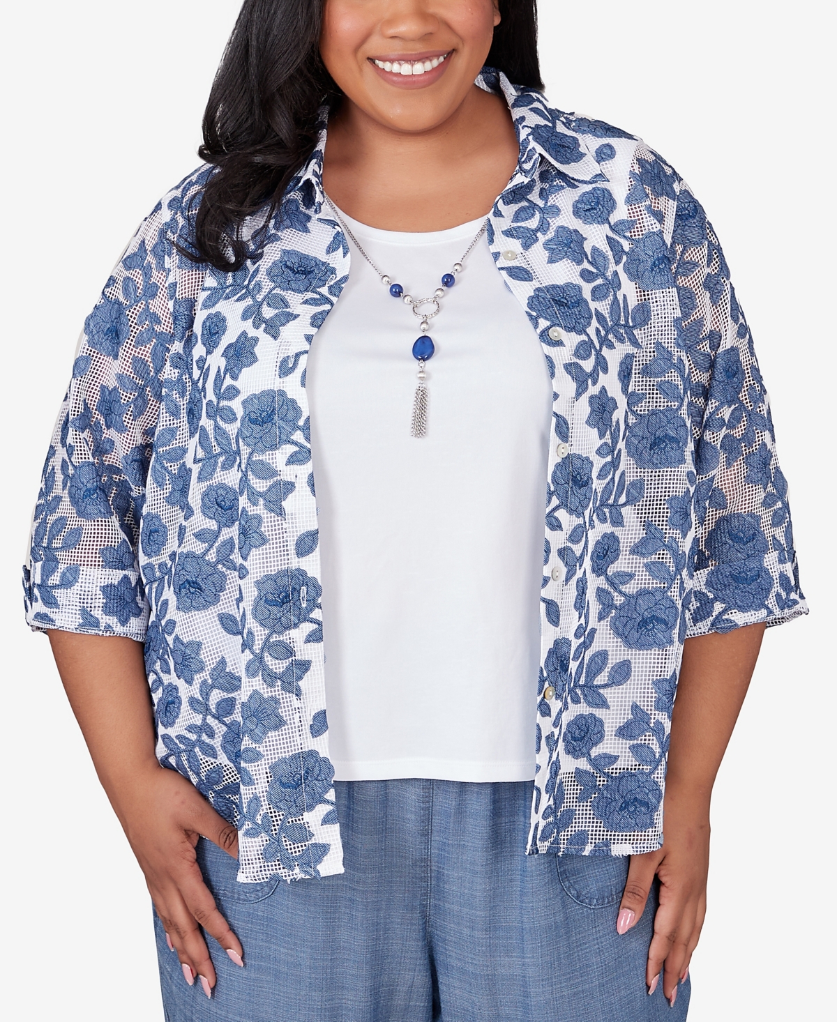 Alfred Dunner Plus Size Bayou Mesh Two In One Top With Necklace In Multi